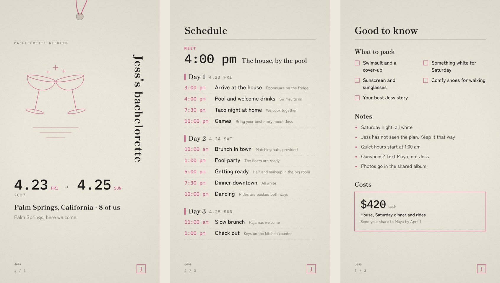Three pages of a bachelorette weekend itinerary: cover, schedule, and good to know