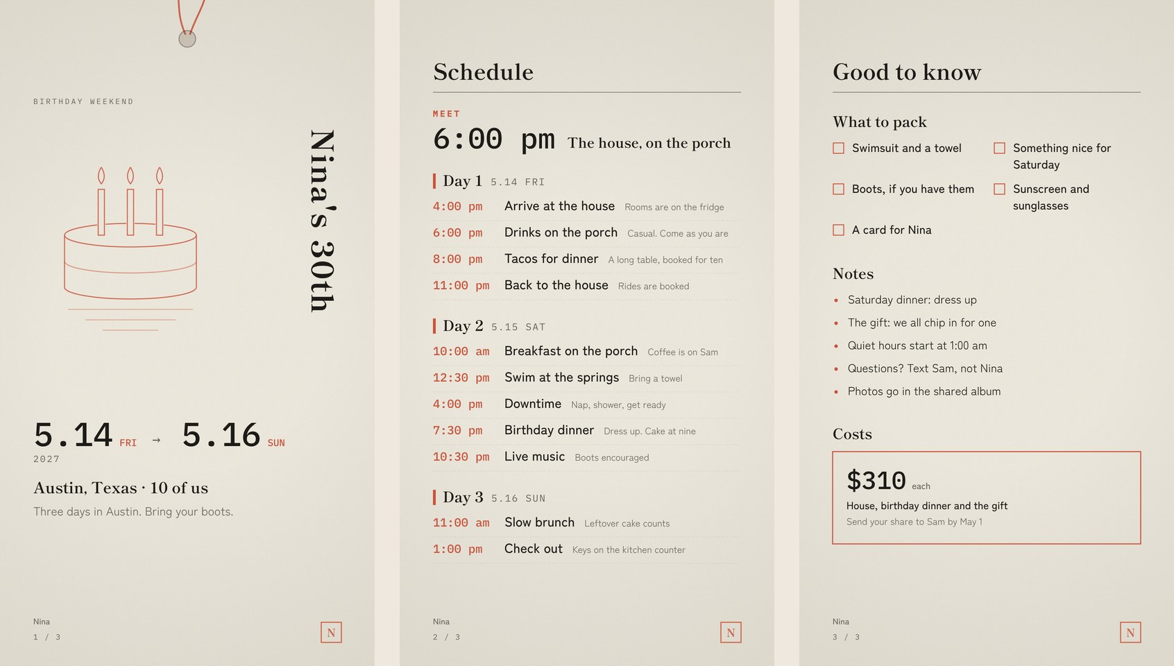 Three pages of a birthday weekend itinerary: cover, schedule, and good to know