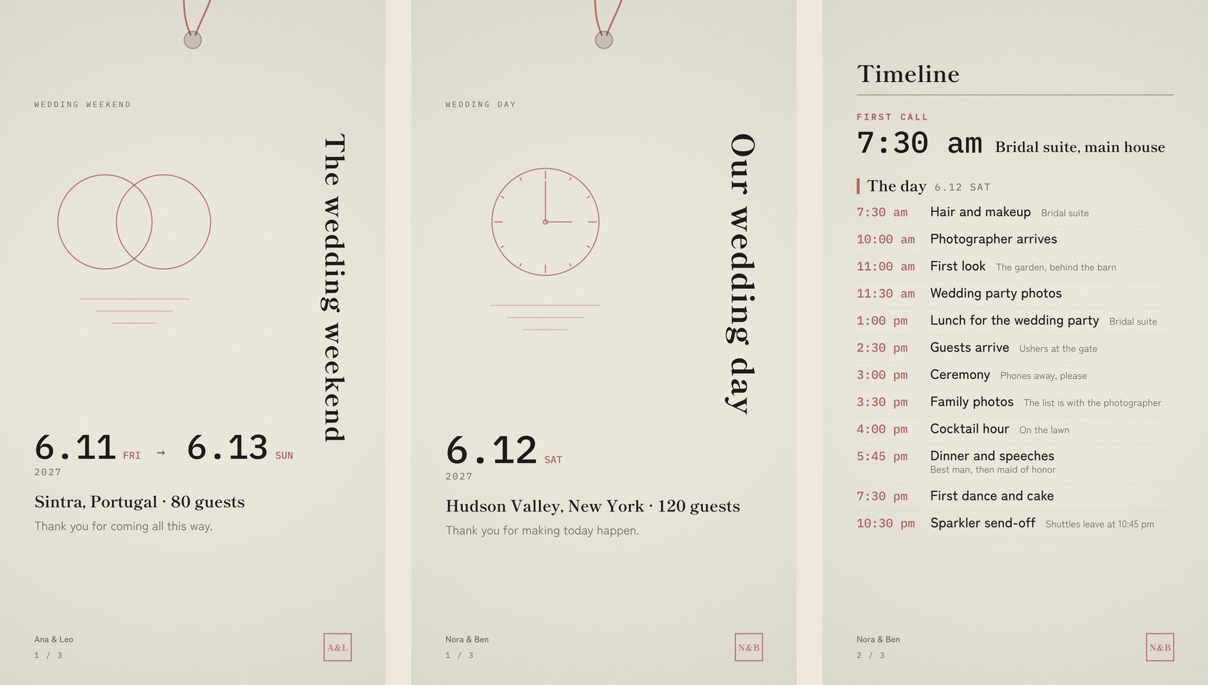 Two wedding covers and a wedding day timeline, in matching dusty rose