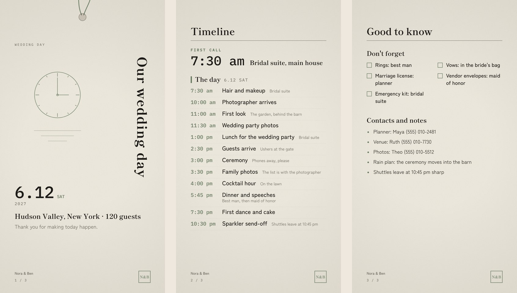 Three pages of a wedding day timeline: cover, timeline, and good to know