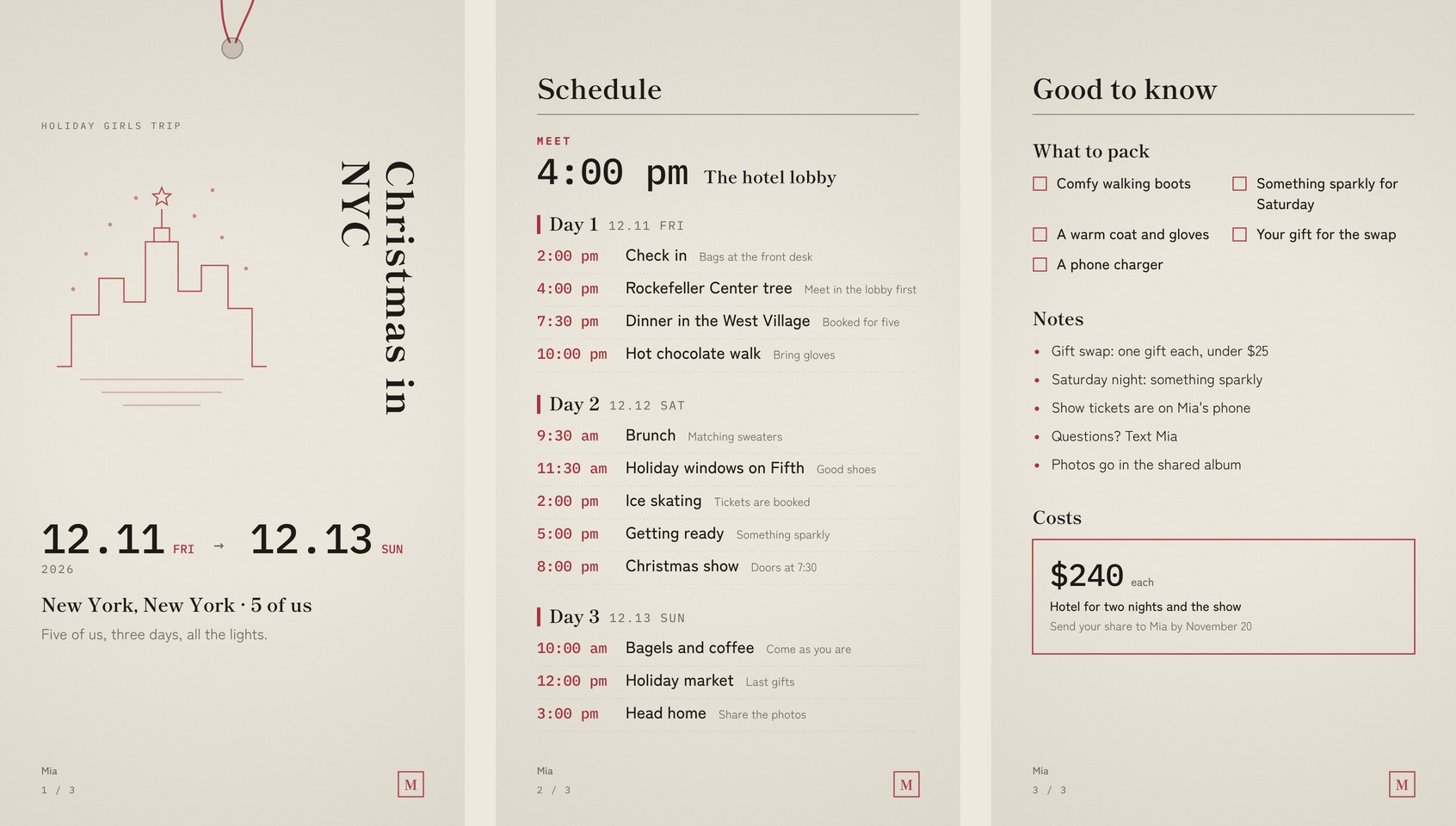 Three pages of a girls trip itinerary: cover, schedule, and good to know