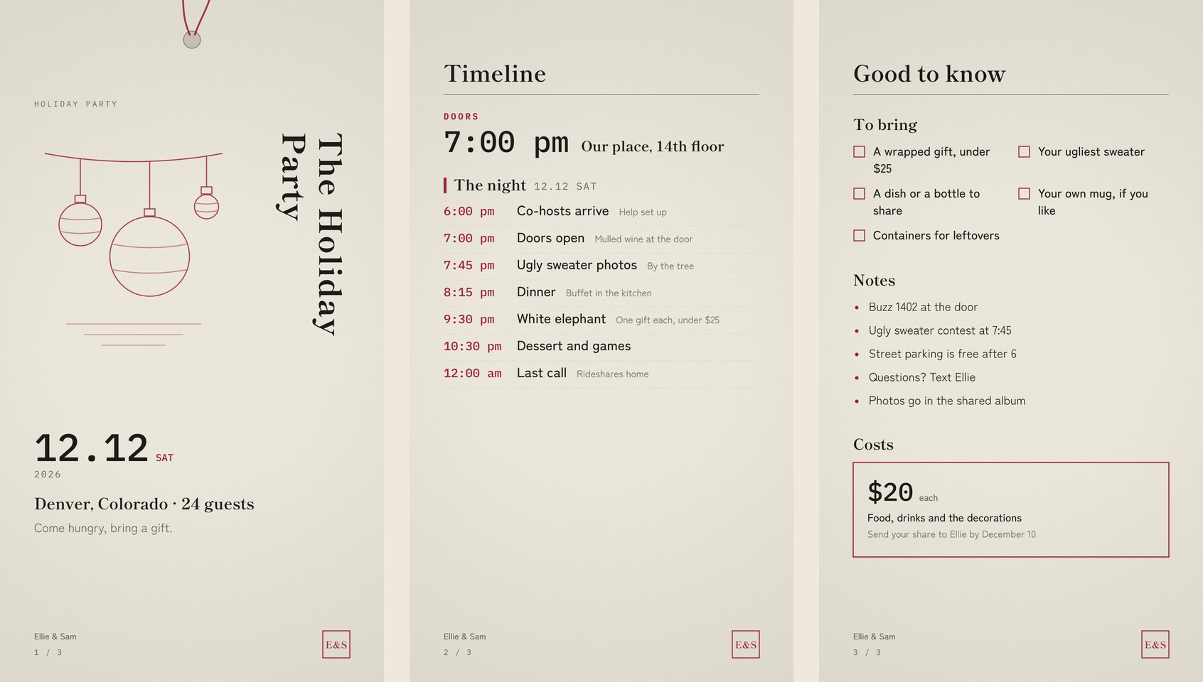 Three pages of a holiday party timeline: cover, timeline, and good to know