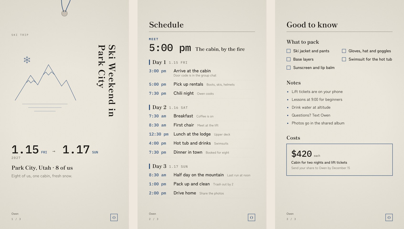 Three pages of a ski trip itinerary: cover, schedule, and good to know