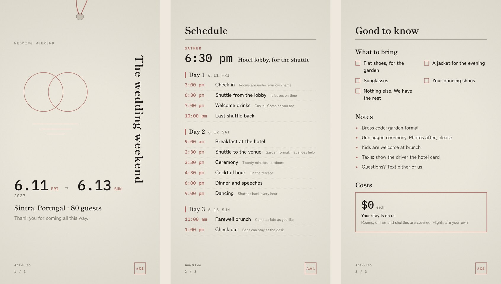 Three pages of a wedding weekend itinerary: cover, schedule, and good to know