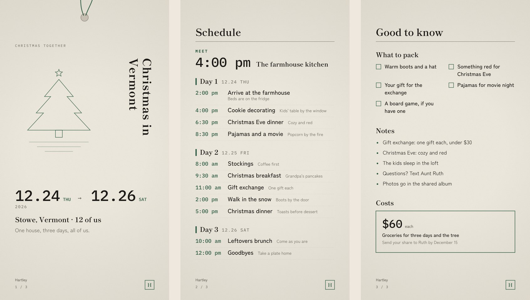 Three pages of a Christmas itinerary: cover, schedule, and good to know